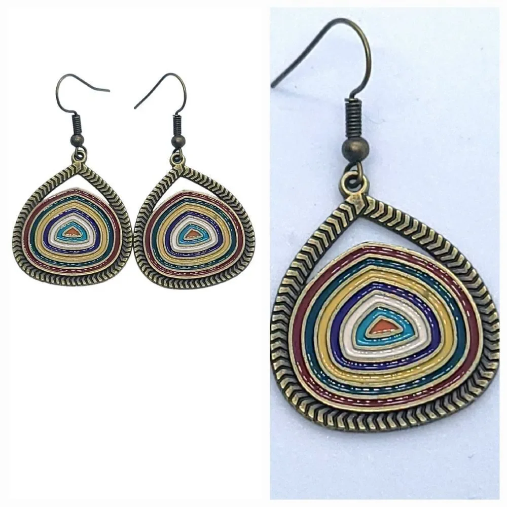 Artisan Rainbow Teardrop Earrings Antique Brass Boho Enamel Statement Jewelry